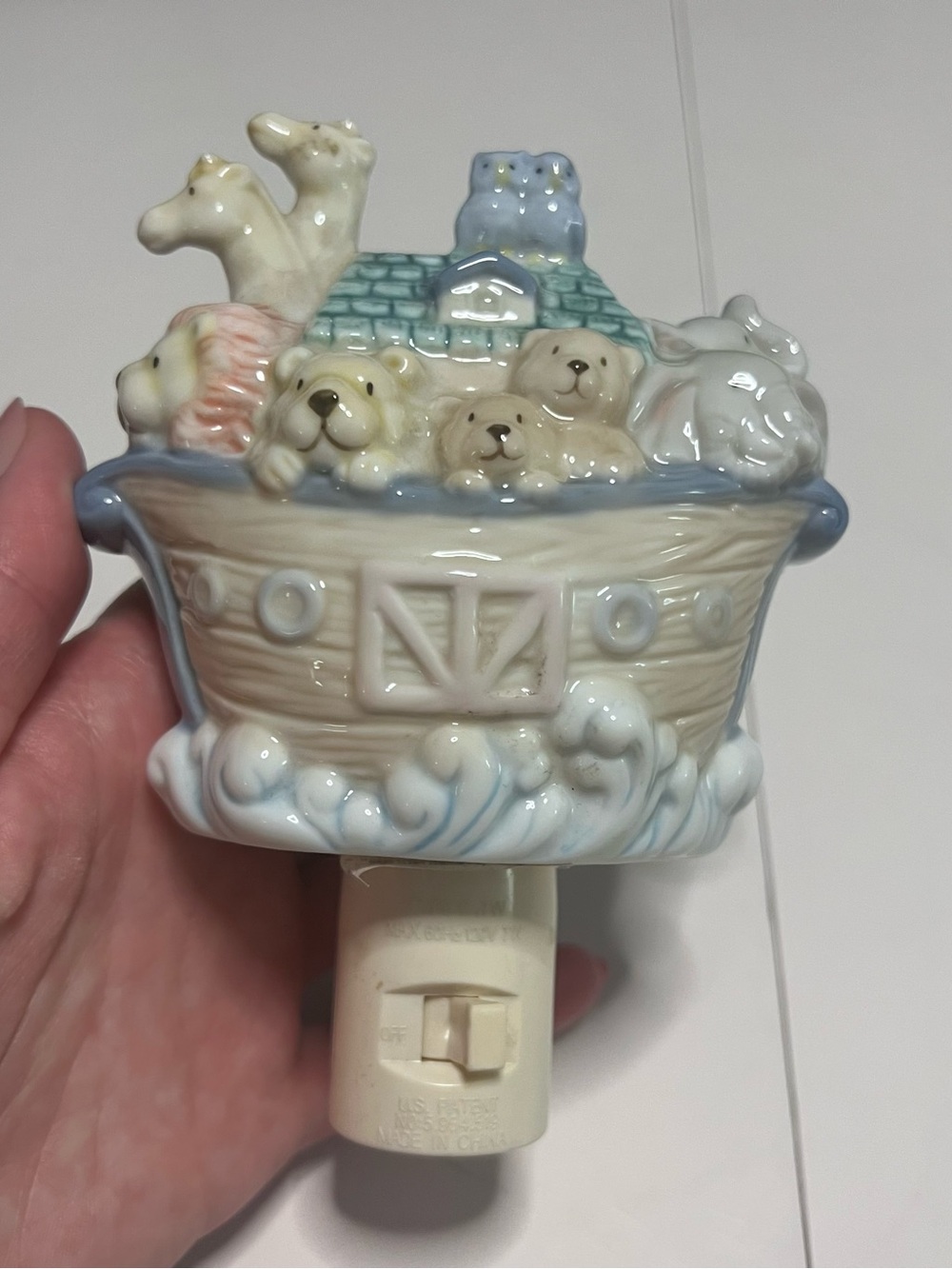 Ceramic Noah's Ark Night Light in Pastel Blue and Cream